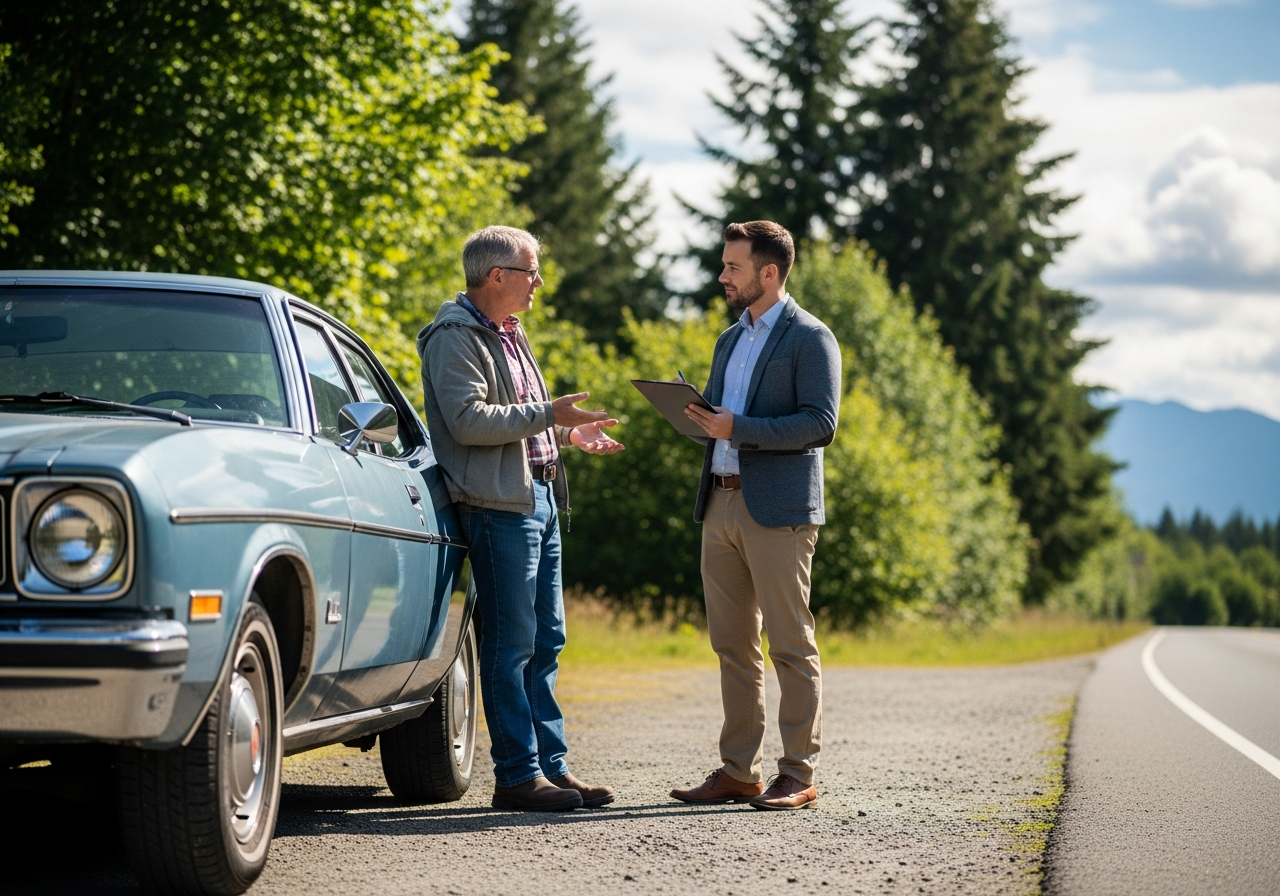 person with an old car speaking with a helpful advisor in British Columbia, getting answers about the car selling process