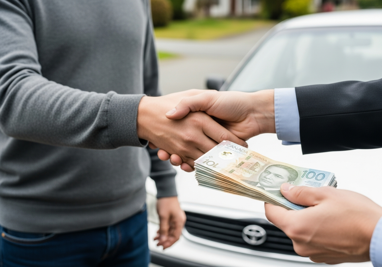 person receiving Canadian cash payment for their junk car in a British Columbia residential driveway