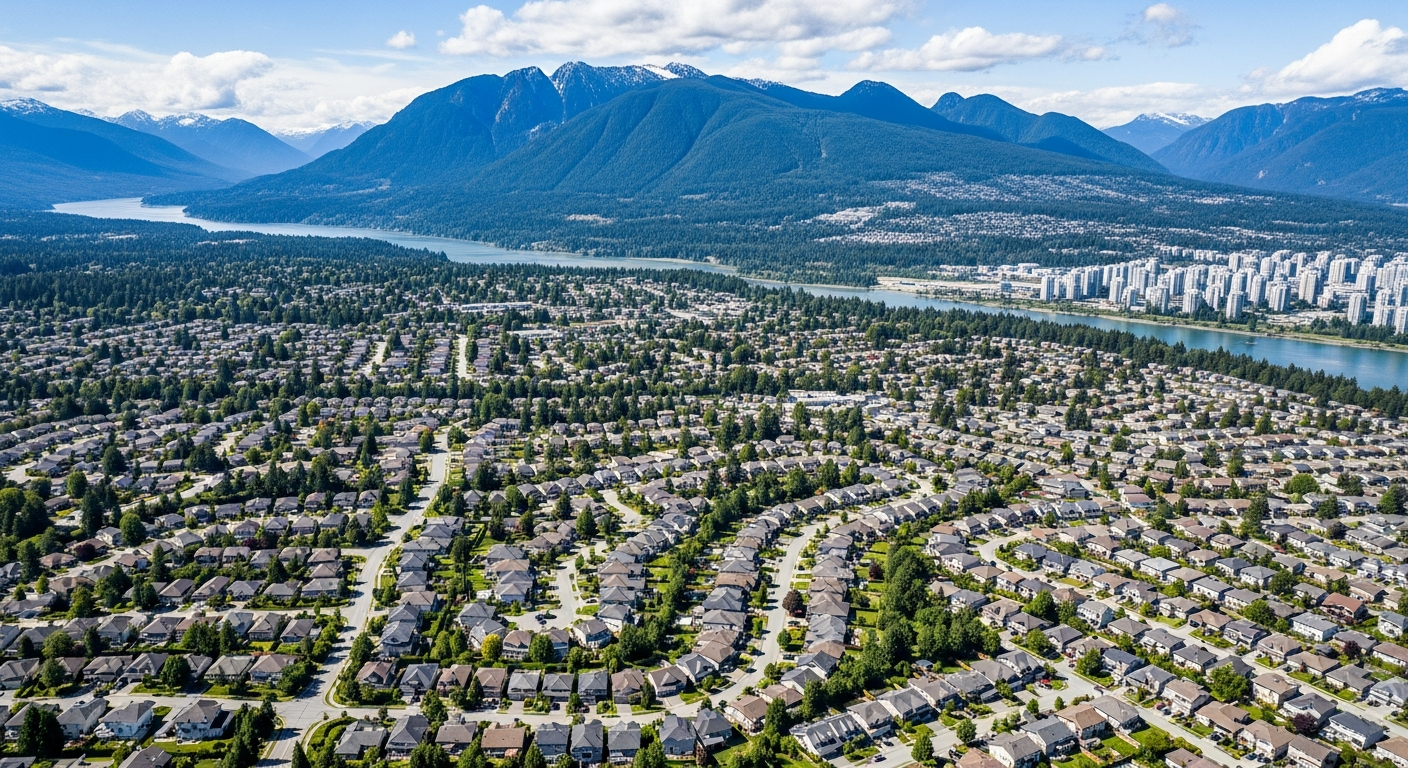 aerial view of Greater Vancouver and Fraser Valley residential neighbourhoods with BC mountains in the background
