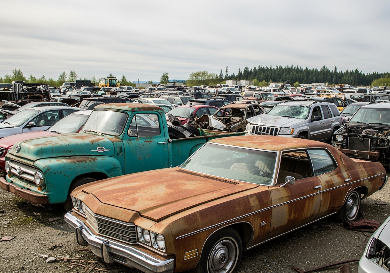 variety of vehicles including a rusted sedan, old pickup truck, and damaged SUV at a British Columbia scrapyard