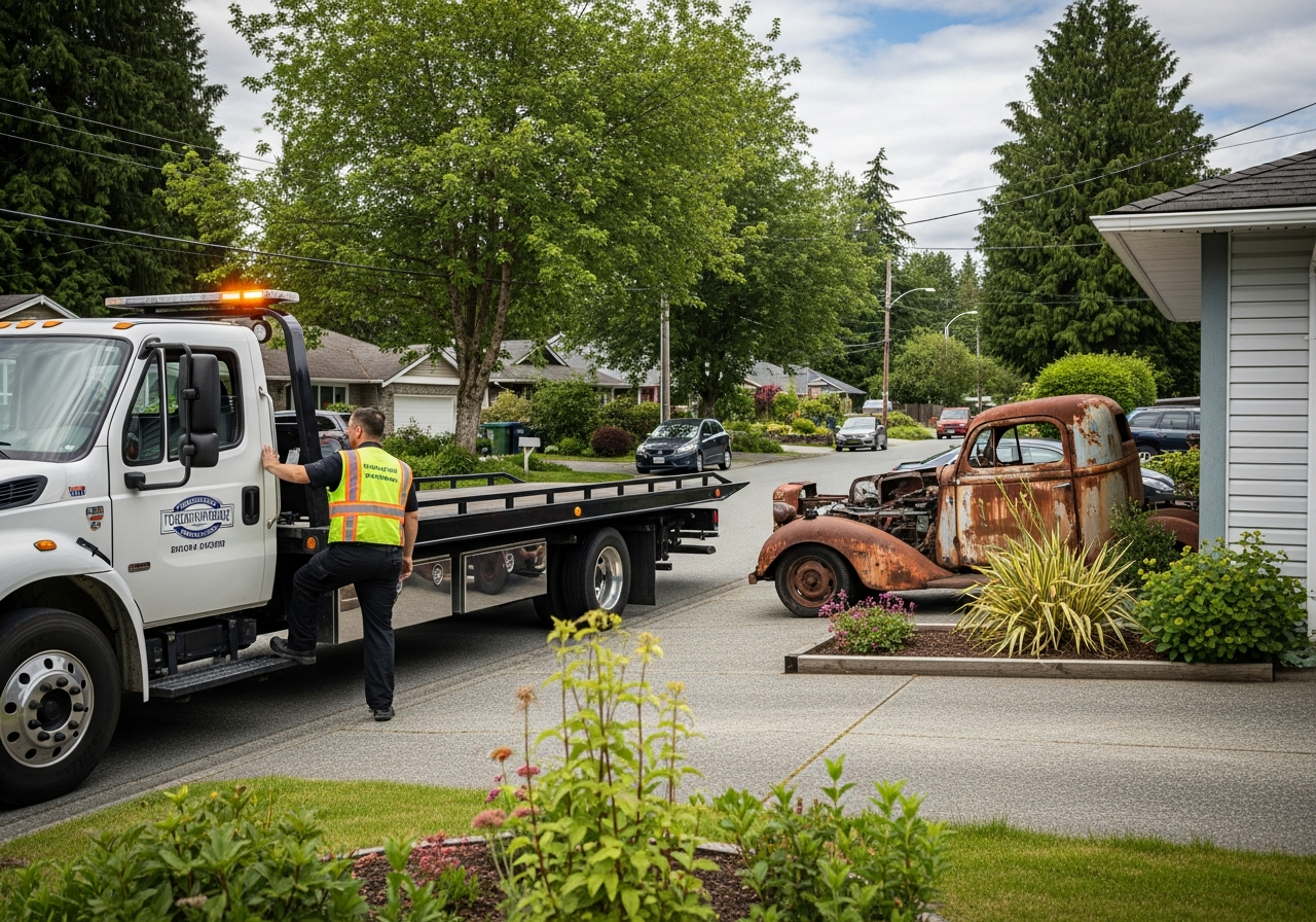 flatbed tow truck arriving at a BC suburban home to pick up an old rusted vehicle for cash