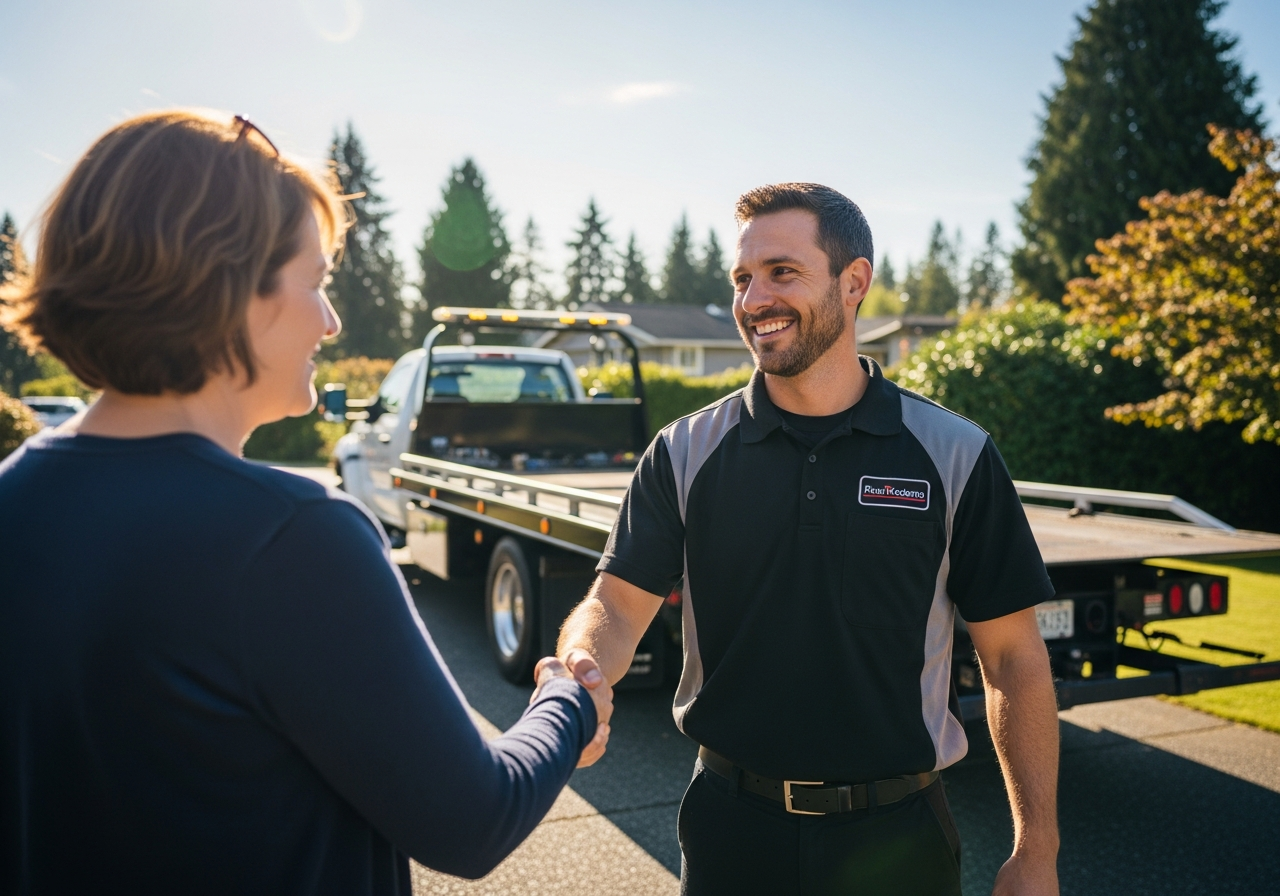 friendly professional tow truck driver shaking hands with a BC homeowner after a car removal deal