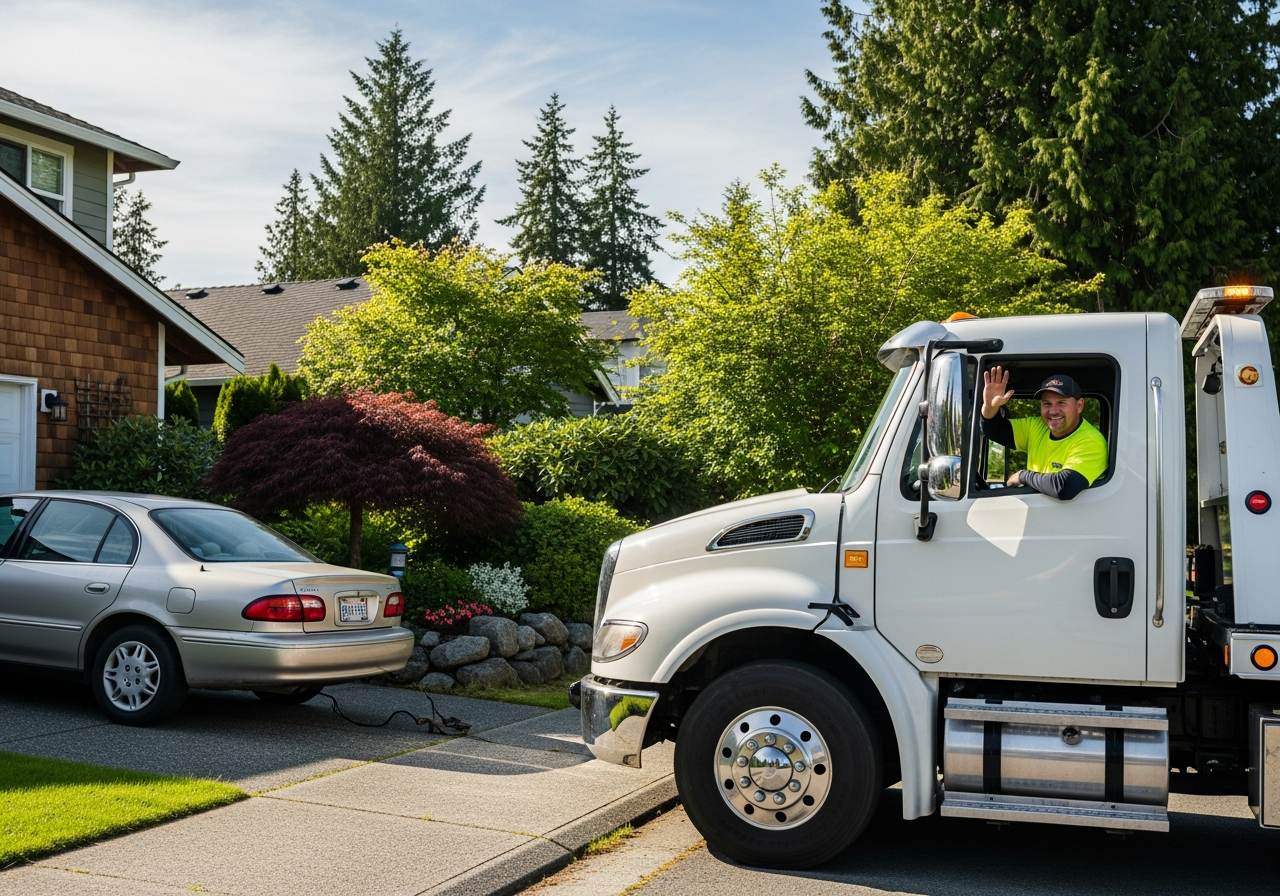 tow truck arriving on time at a BC home to pick up an unwanted vehicle, driver waving on a sunny Pacific Northwest day