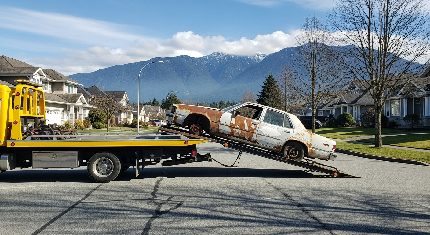 Junk car pickup in Abbotsford BC residential area near Mission with mountains visible