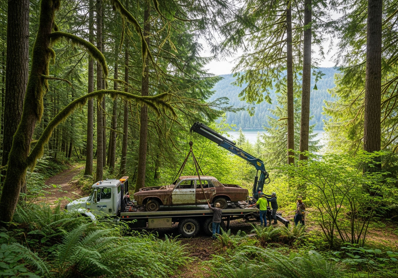 Anmore BC lush forested village near Buntzen Lake with old car removal from a secluded Pacific Northwest property