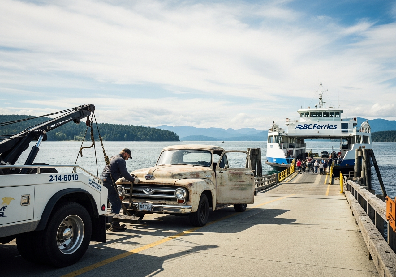 Bowen Island BC small island community with ferry dock and ocean view preparing an old car for removal