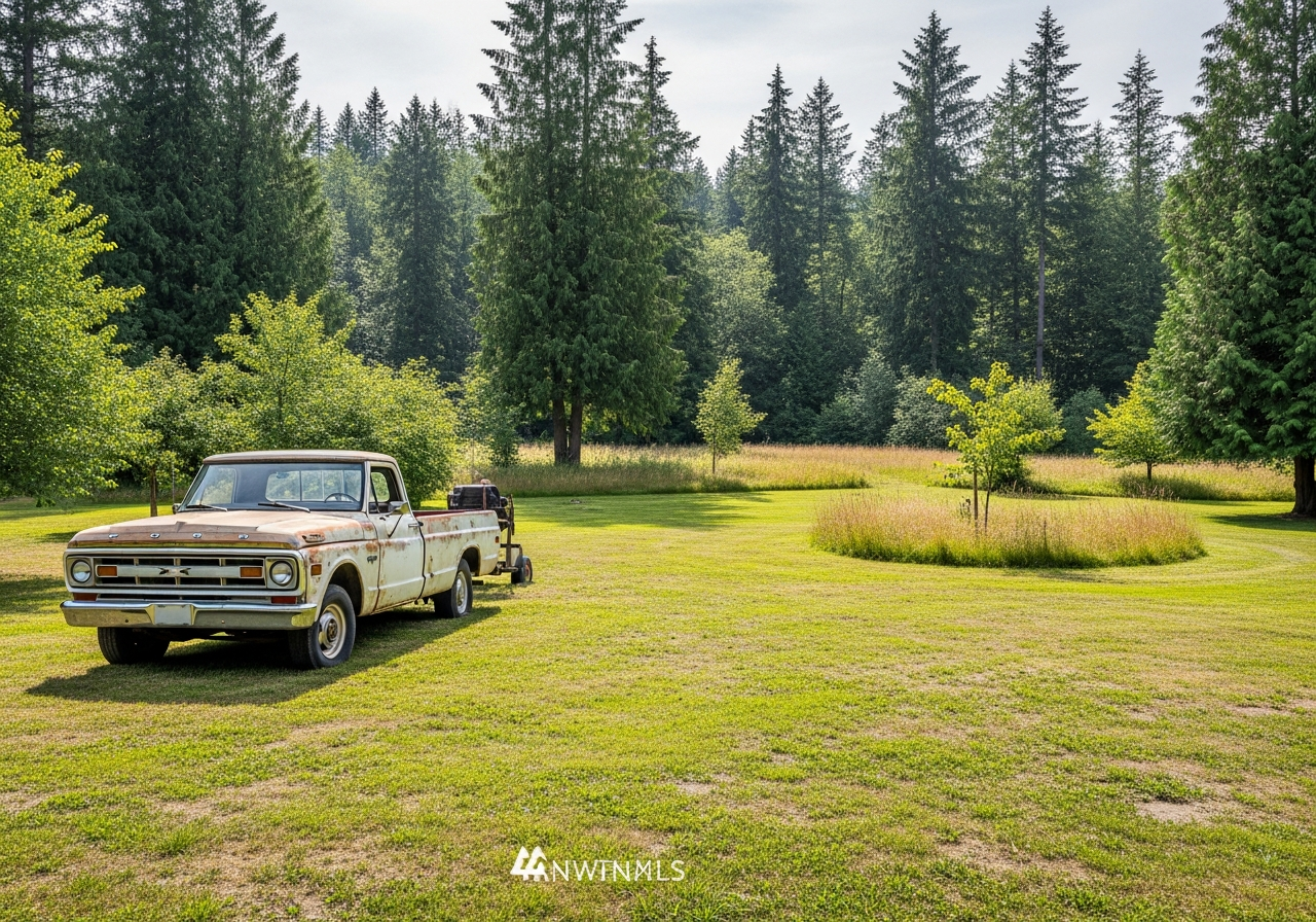Brookswood Langley BC acreage property with an old truck being towed from a rural residential lot