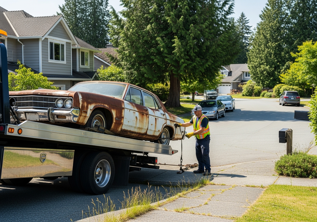 old rusty car removed from a Burnaby BC suburban home driveway by a professional tow driver