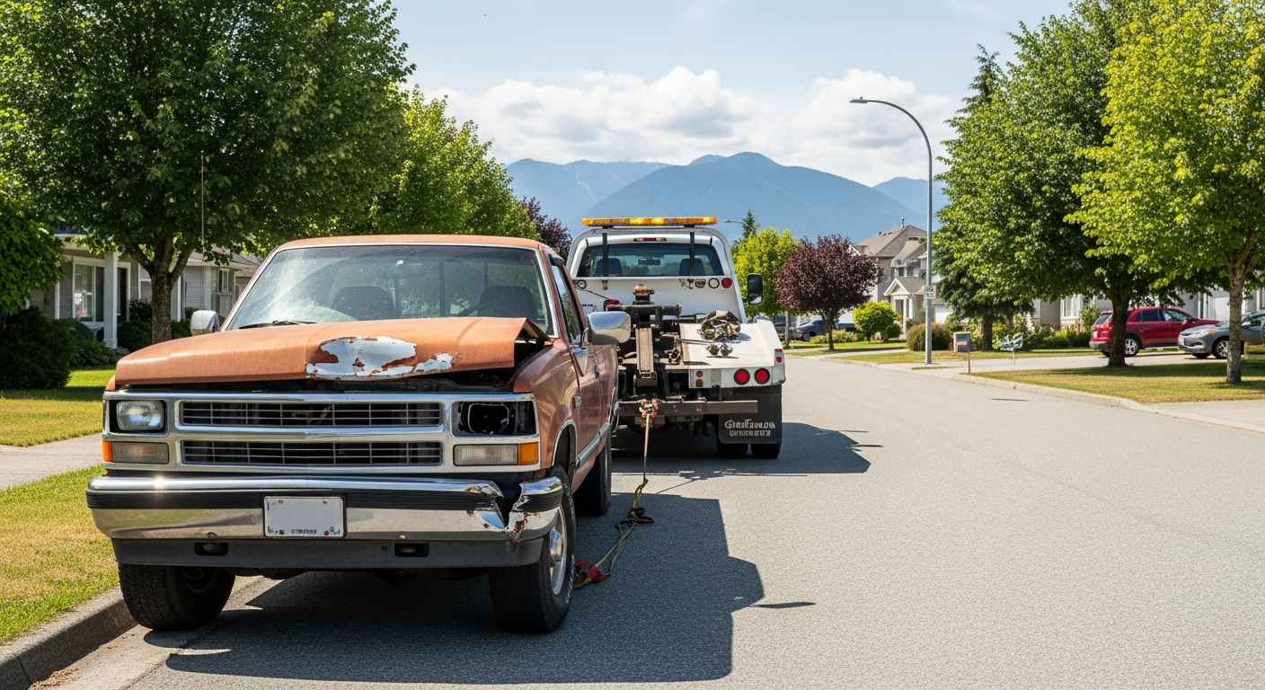 Old rusted pickup truck being removed from a Chilliwack BC suburban residential street near Promontory