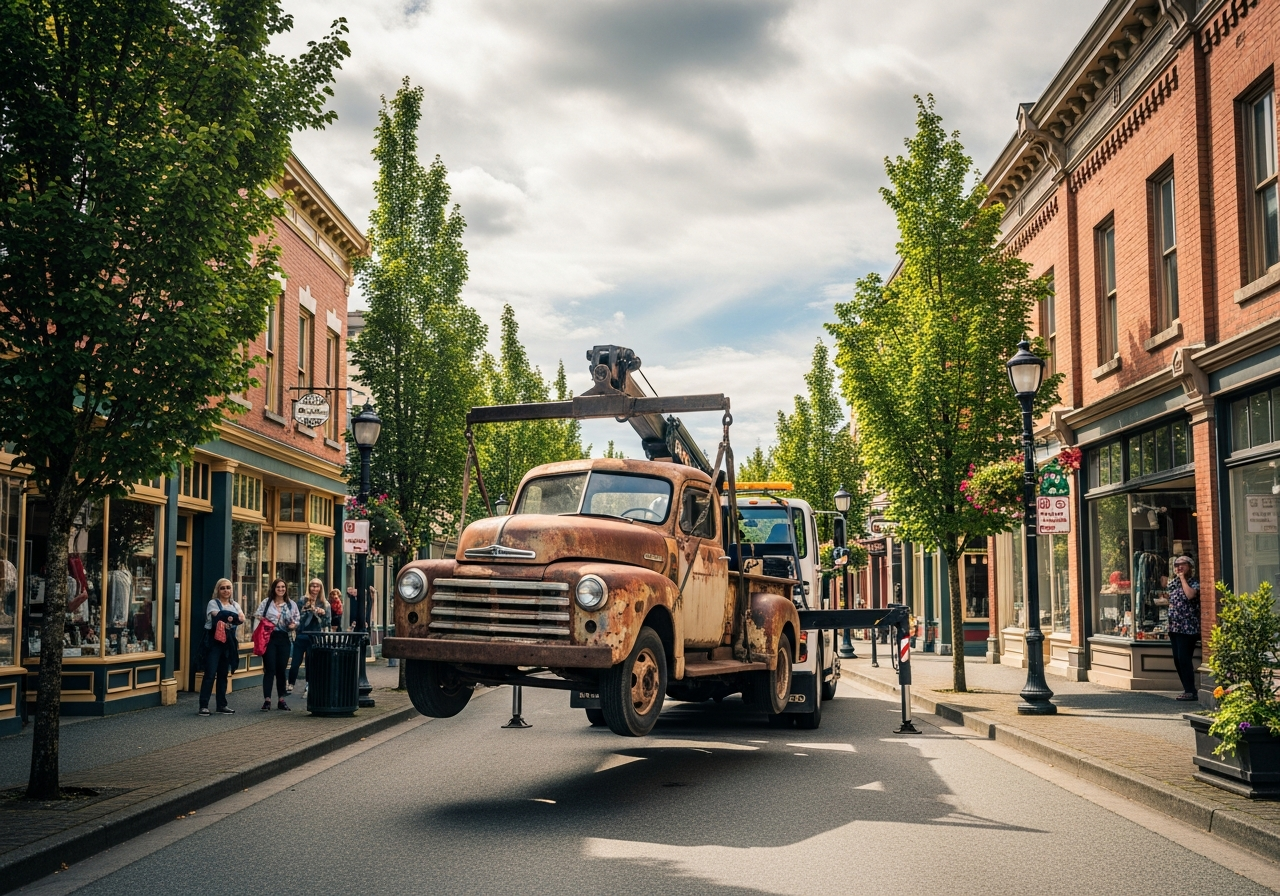 Cloverdale Surrey BC historic area with an old vehicle being removed from a heritage district setting