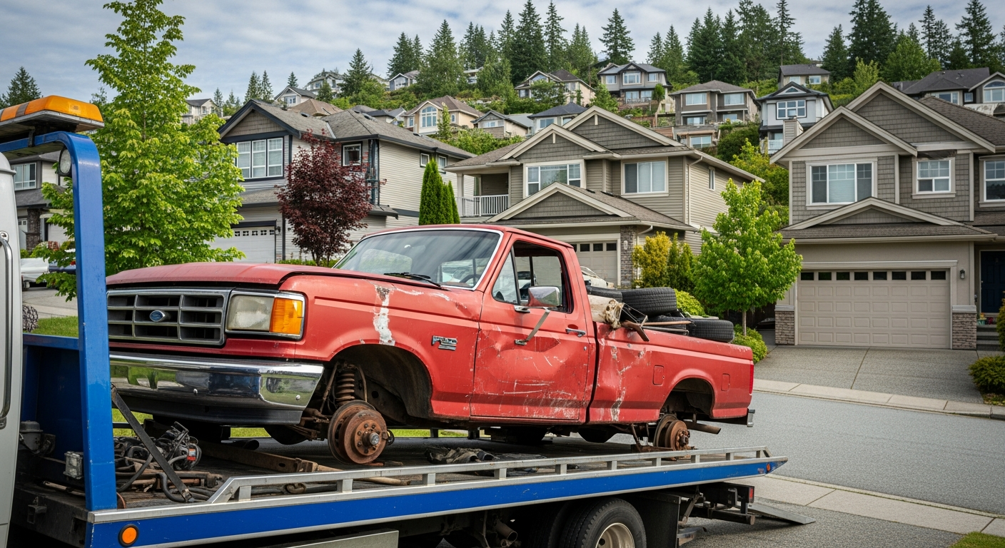 Old vehicle being removed from a Coquitlam BC residential driveway with Westwood Plateau hillside homes in background