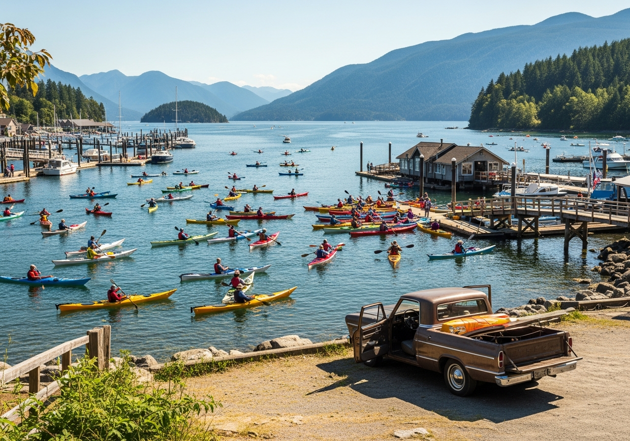 Deep Cove North Vancouver BC kayak community with old car near the waterfront village and scenic inlet views