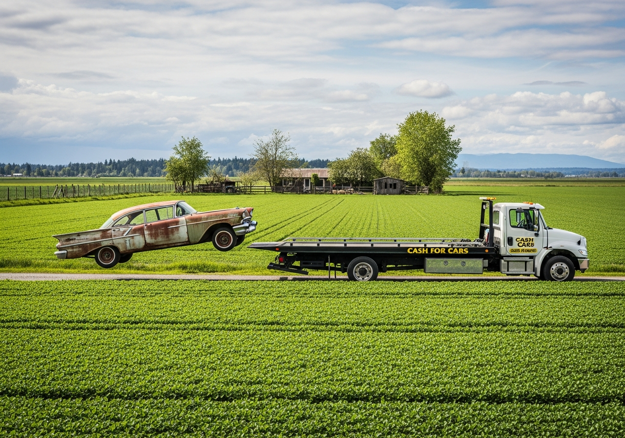 old car being picked up from a rural Delta BC farm property with flat agricultural fields around it