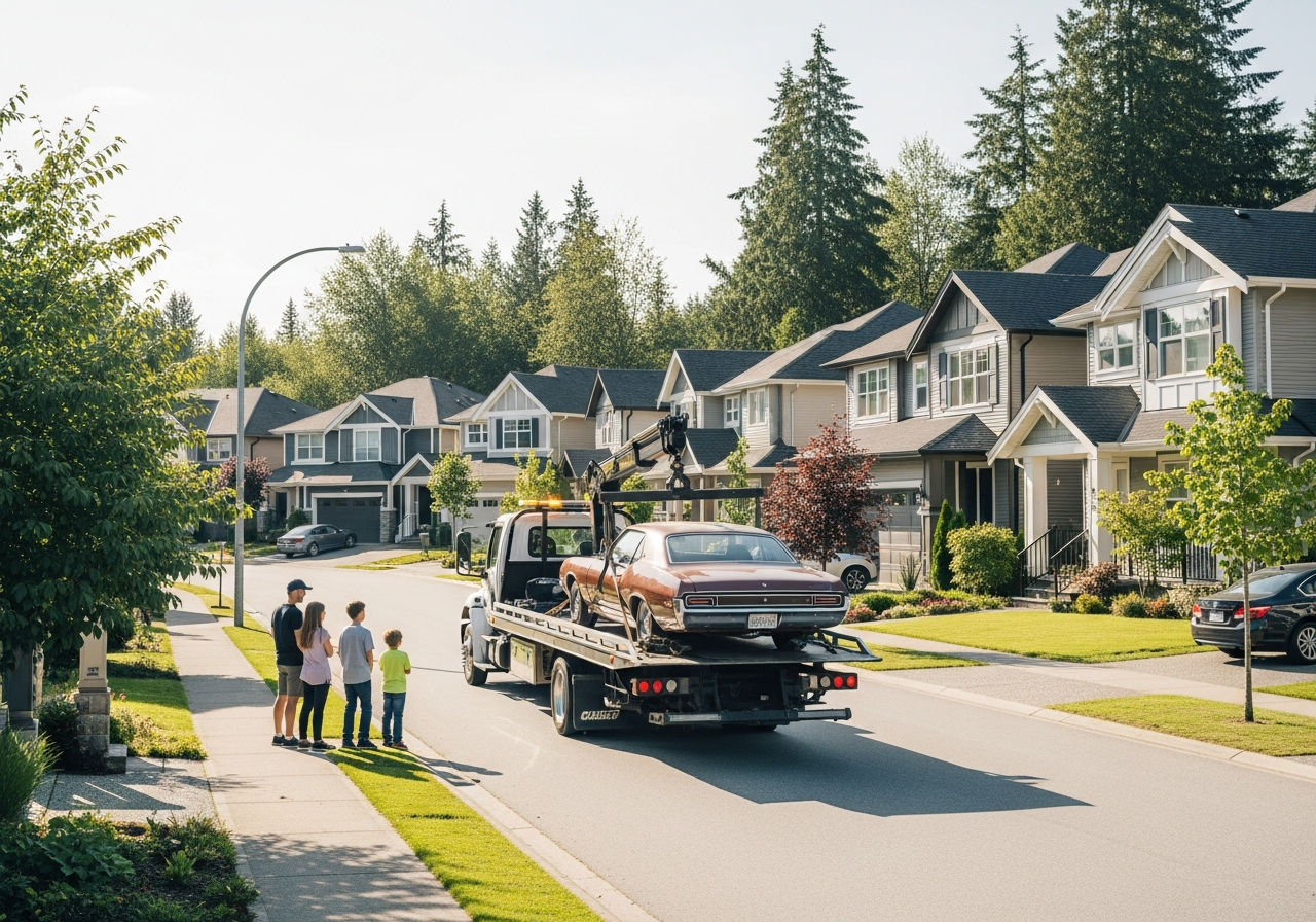 Fleetwood Surrey BC modern suburban street with an old car being removed from a tidy family neighbourhood