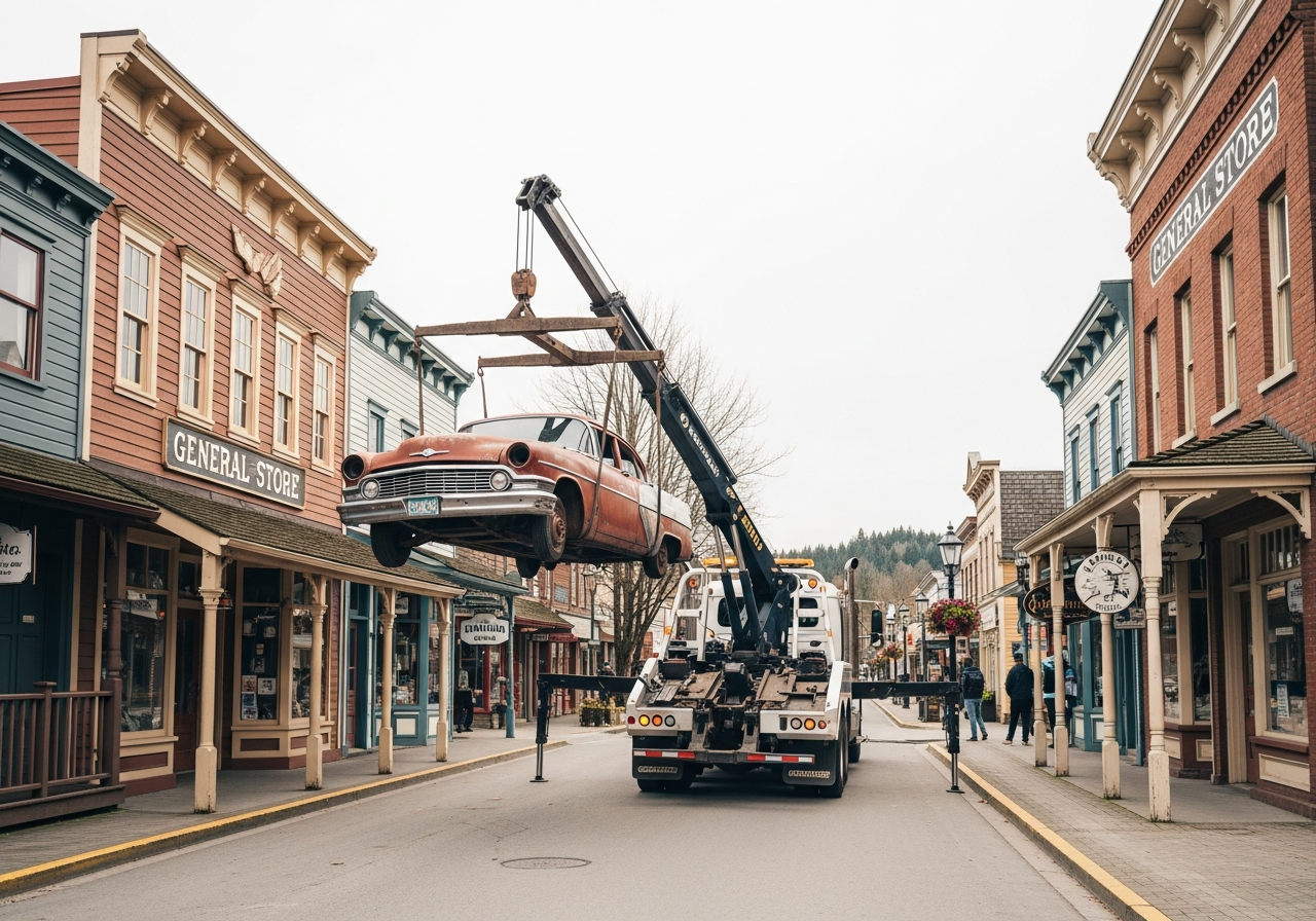 Fort Langley BC heritage village street with a junk car being removed near historic character buildings