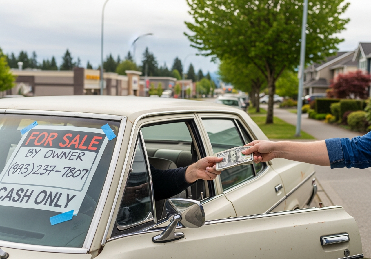 Guildford Surrey BC near the shopping centre with an old car being sold for cash in the community
