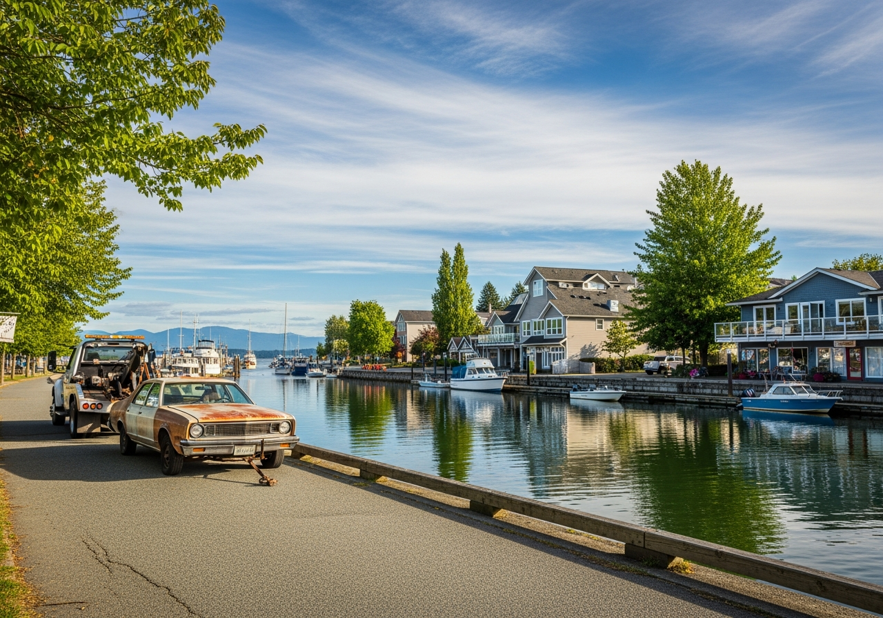 junk car being towed in Ladner BC near the historic Ladner Landing waterway area