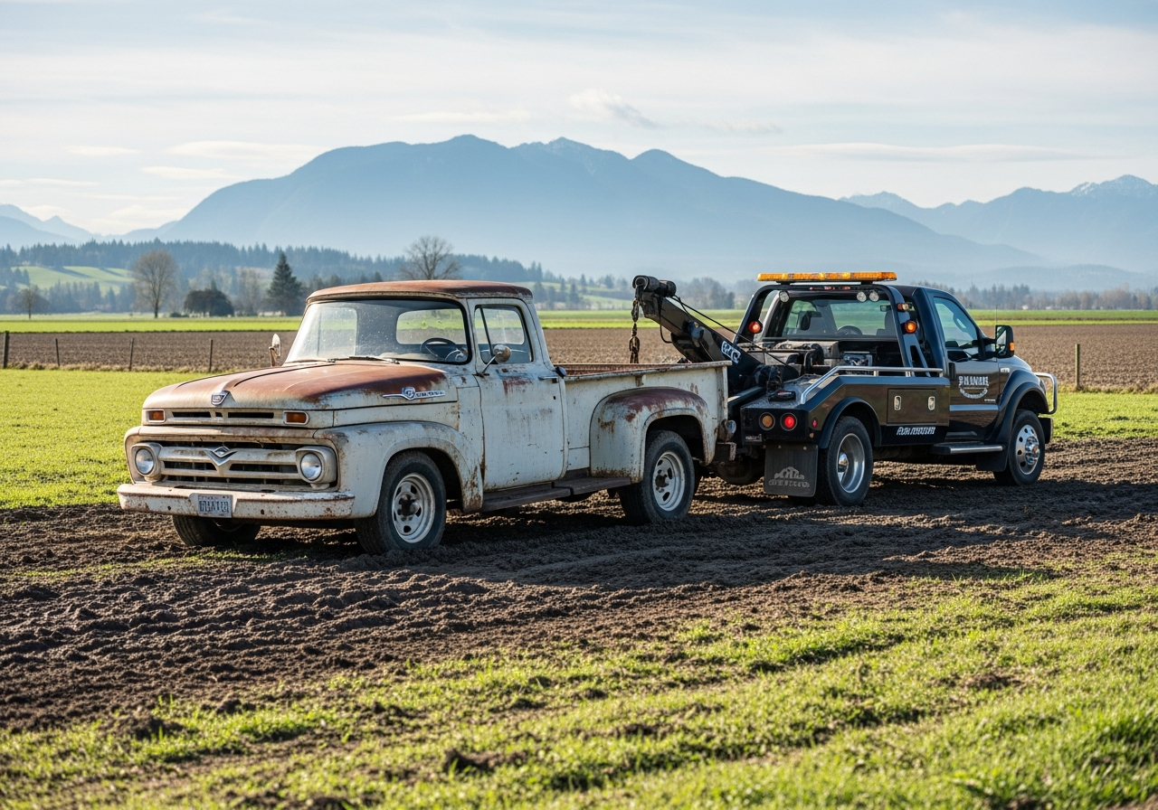 old pickup truck being hauled from a Langley BC farm property surrounded by rural Fraser Valley fields