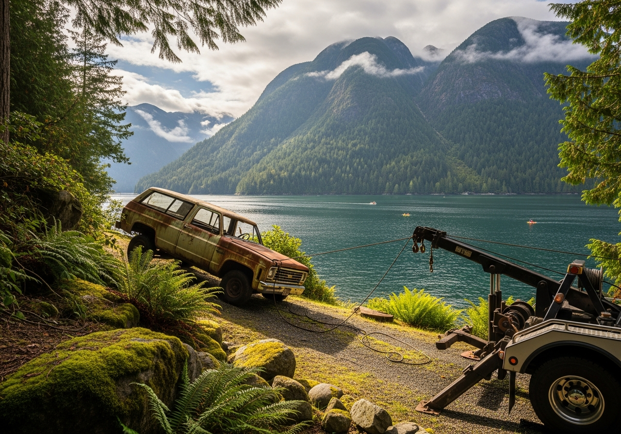 Lions Bay BC tiny mountain village on Howe Sound with dramatic mountain scenery and old vehicle removal