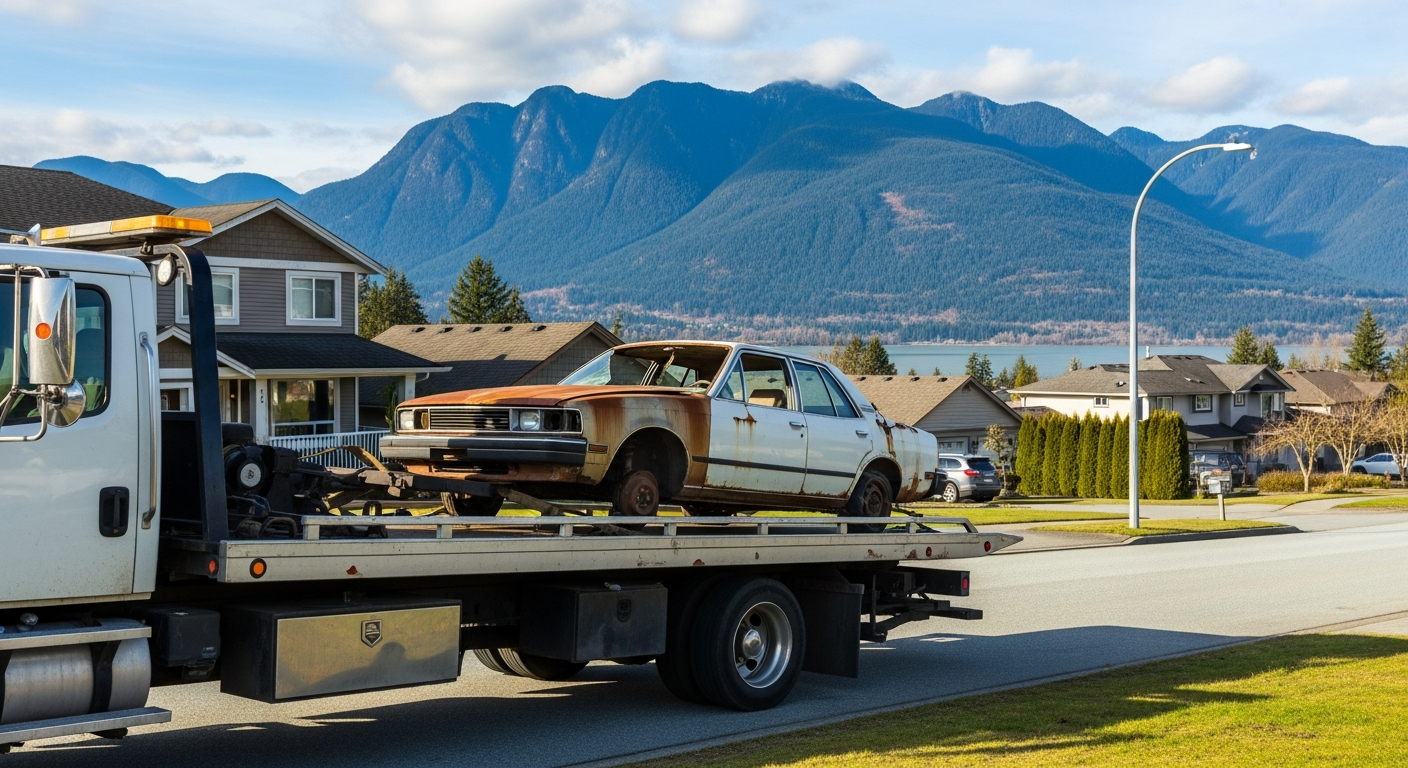 Junk car pickup on a Maple Ridge BC residential street with Fraser River valley and mountains in background