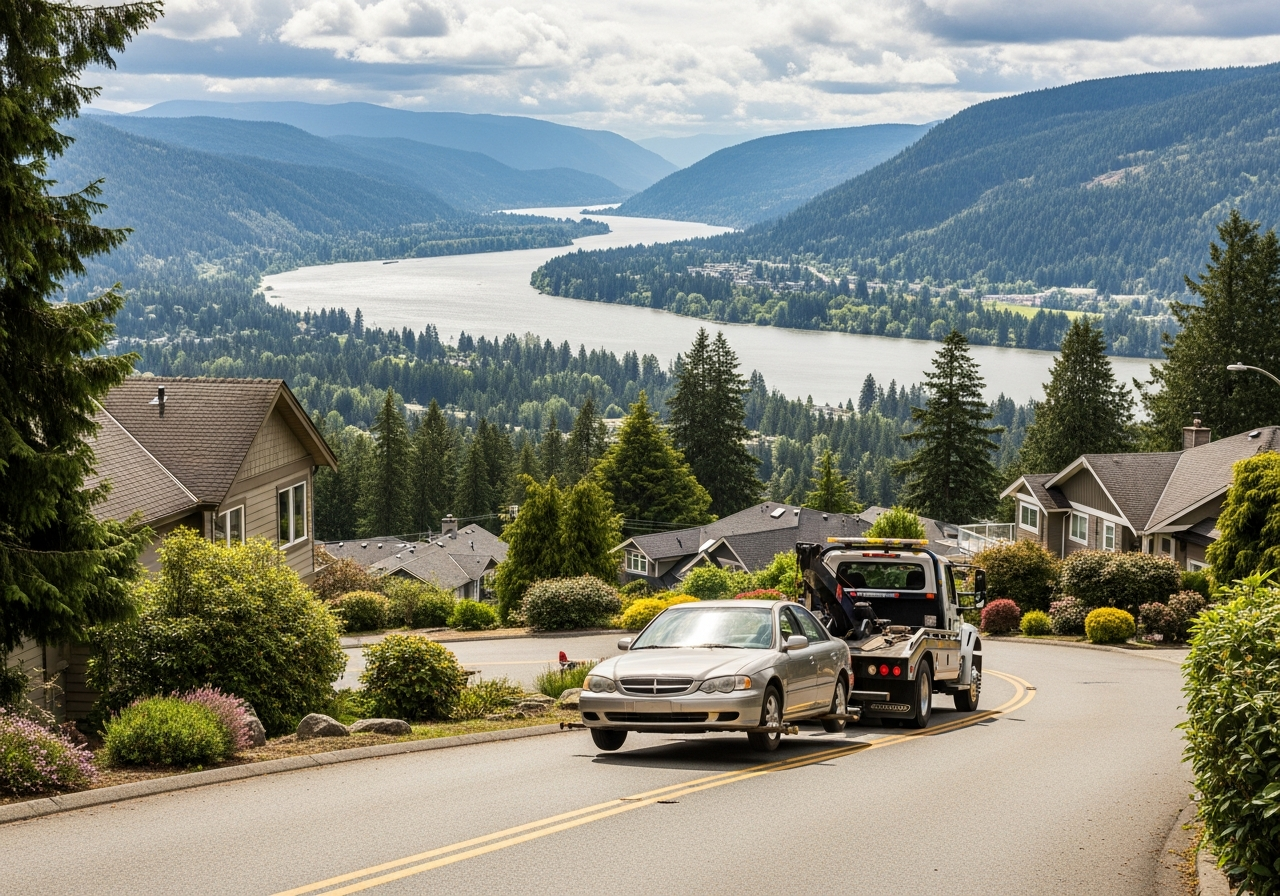 Mission BC hillside residential neighbourhood car removal with Fraser River valley visible below