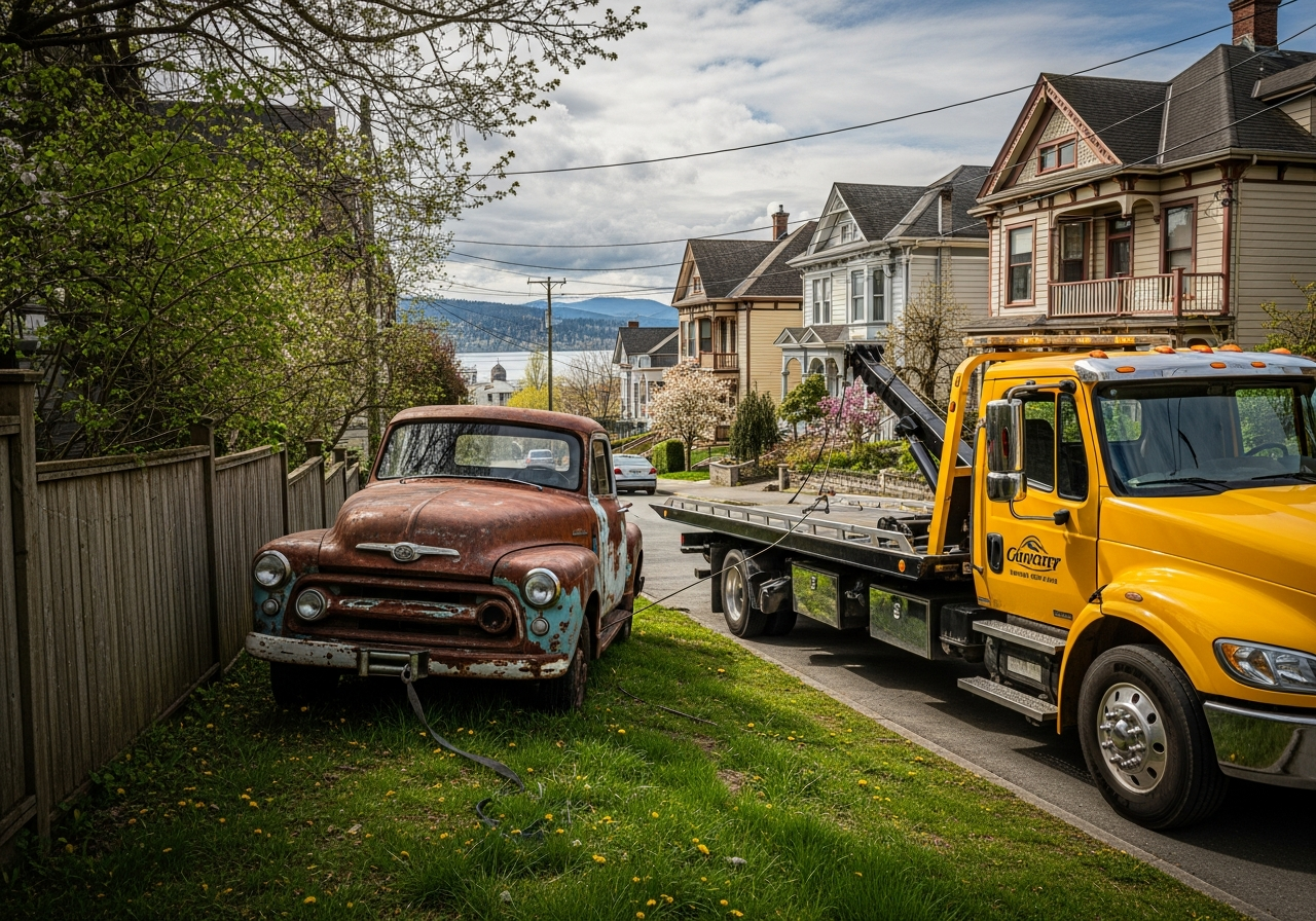 old car removed from a New Westminster BC property near the Fraser River waterfront