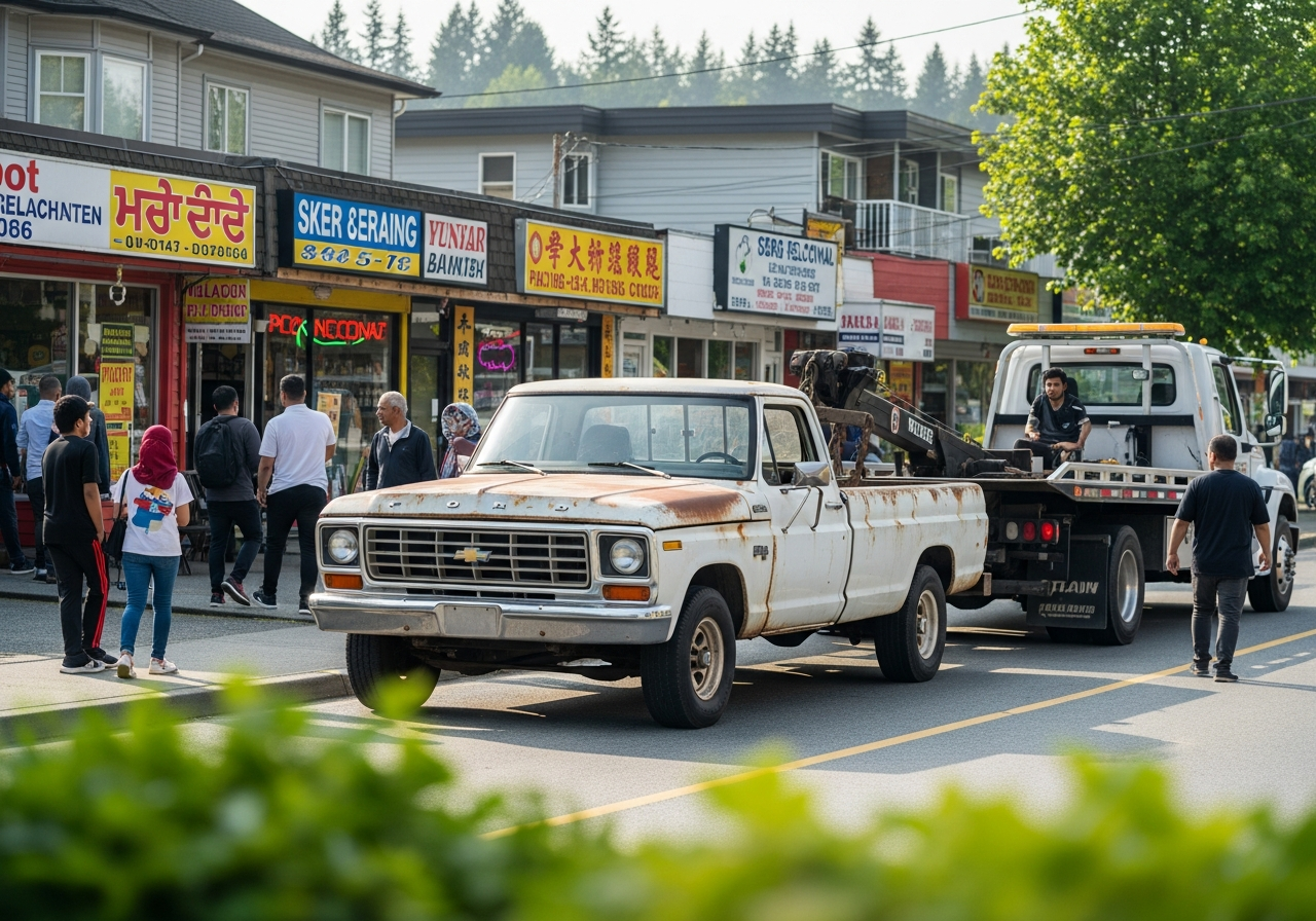Newton Surrey BC diverse multicultural neighbourhood with an old car being picked up by a professional service