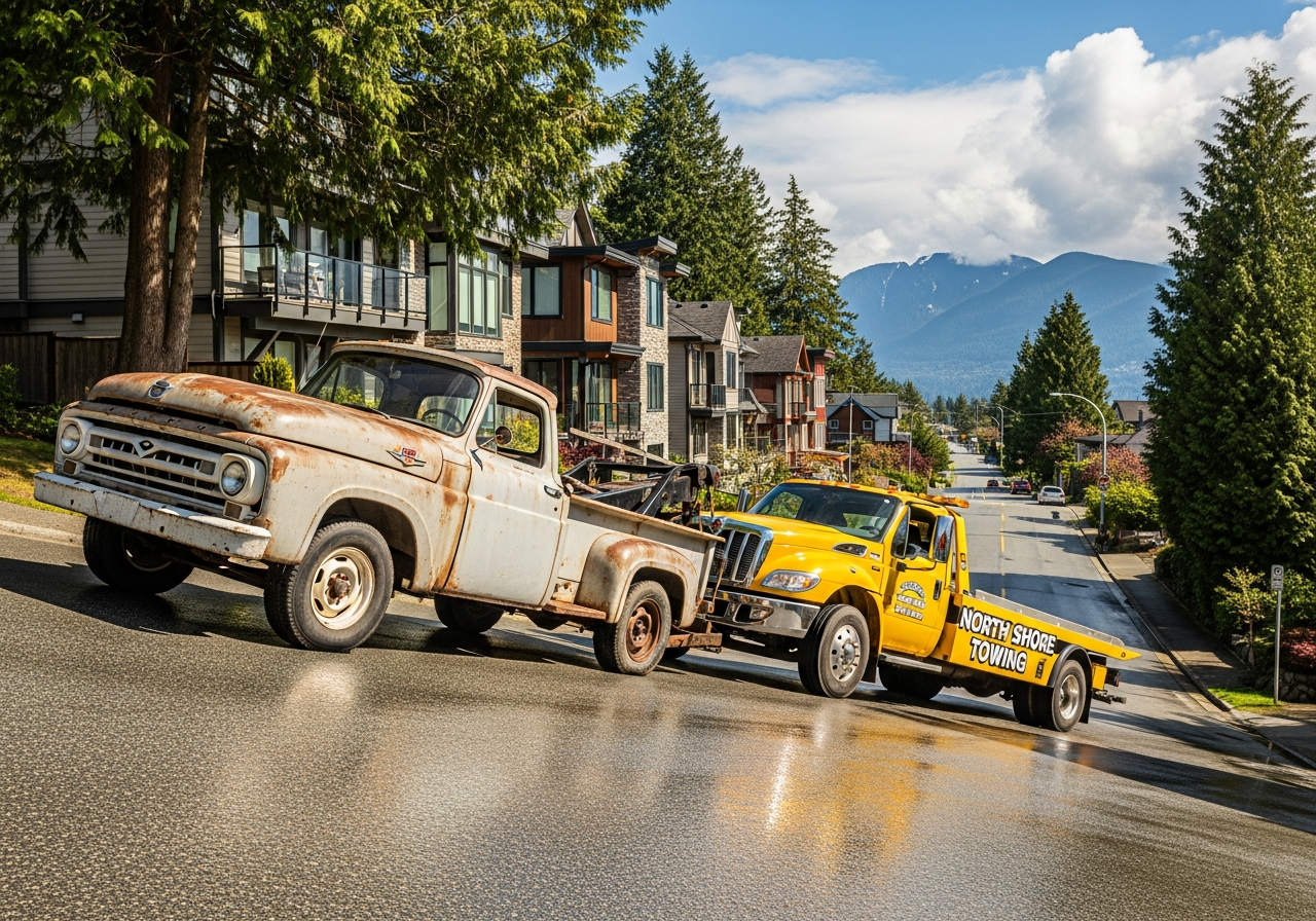 old non-running vehicle being towed up a steep North Vancouver residential hill in the Lonsdale neighbourhood