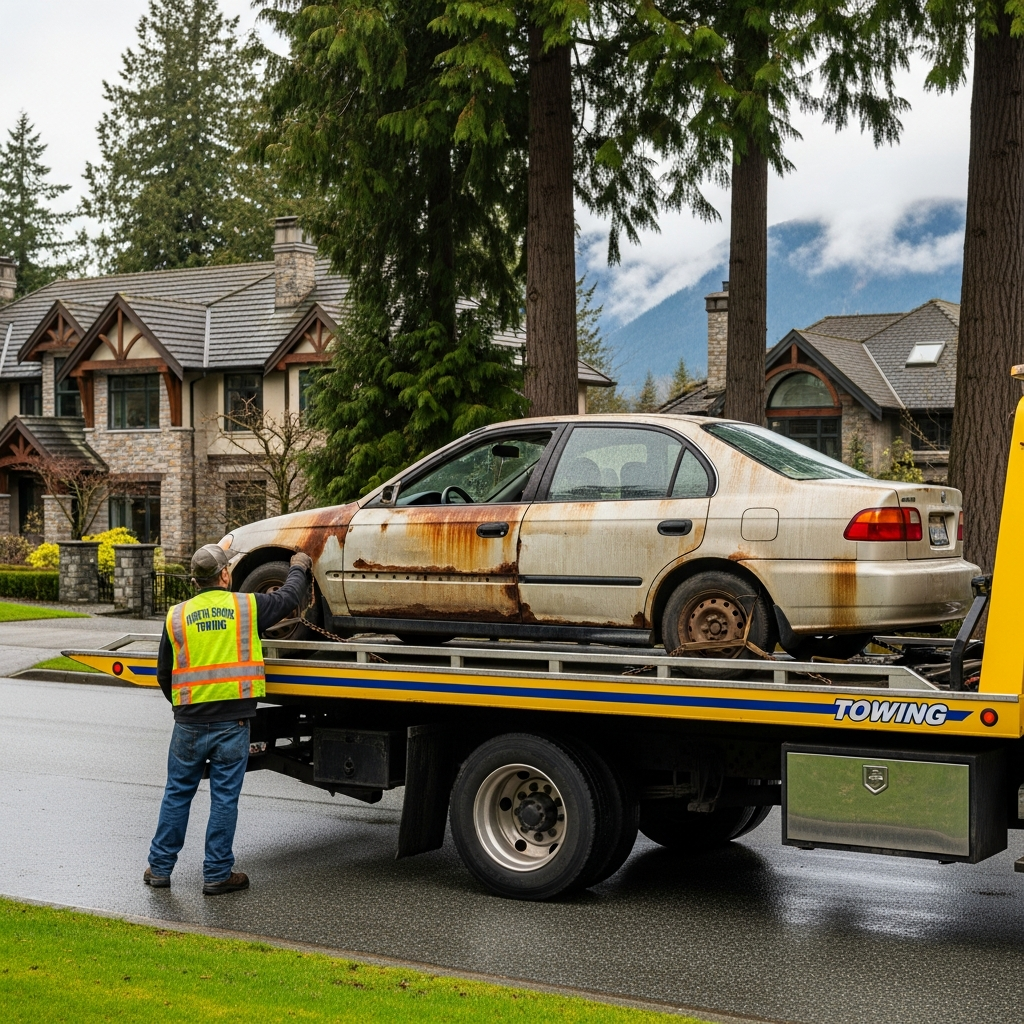scrap car removal in North Vancouver — professional tow driver loading an old non-running vehicle for cash-for-cars pickup