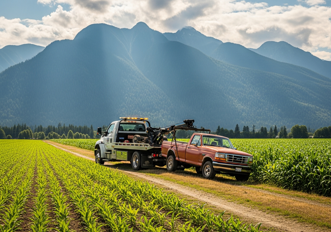 Pitt Meadows BC flat farmland car pickup with the Golden Ears mountain range towering in the background