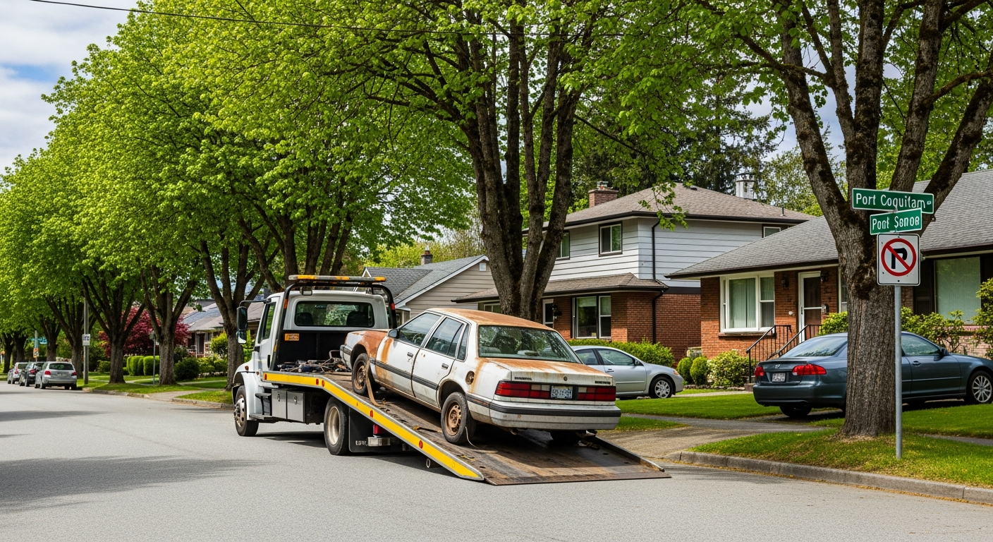 Junk car being towed from a Port Coquitlam BC residential driveway with older suburban homes on the street