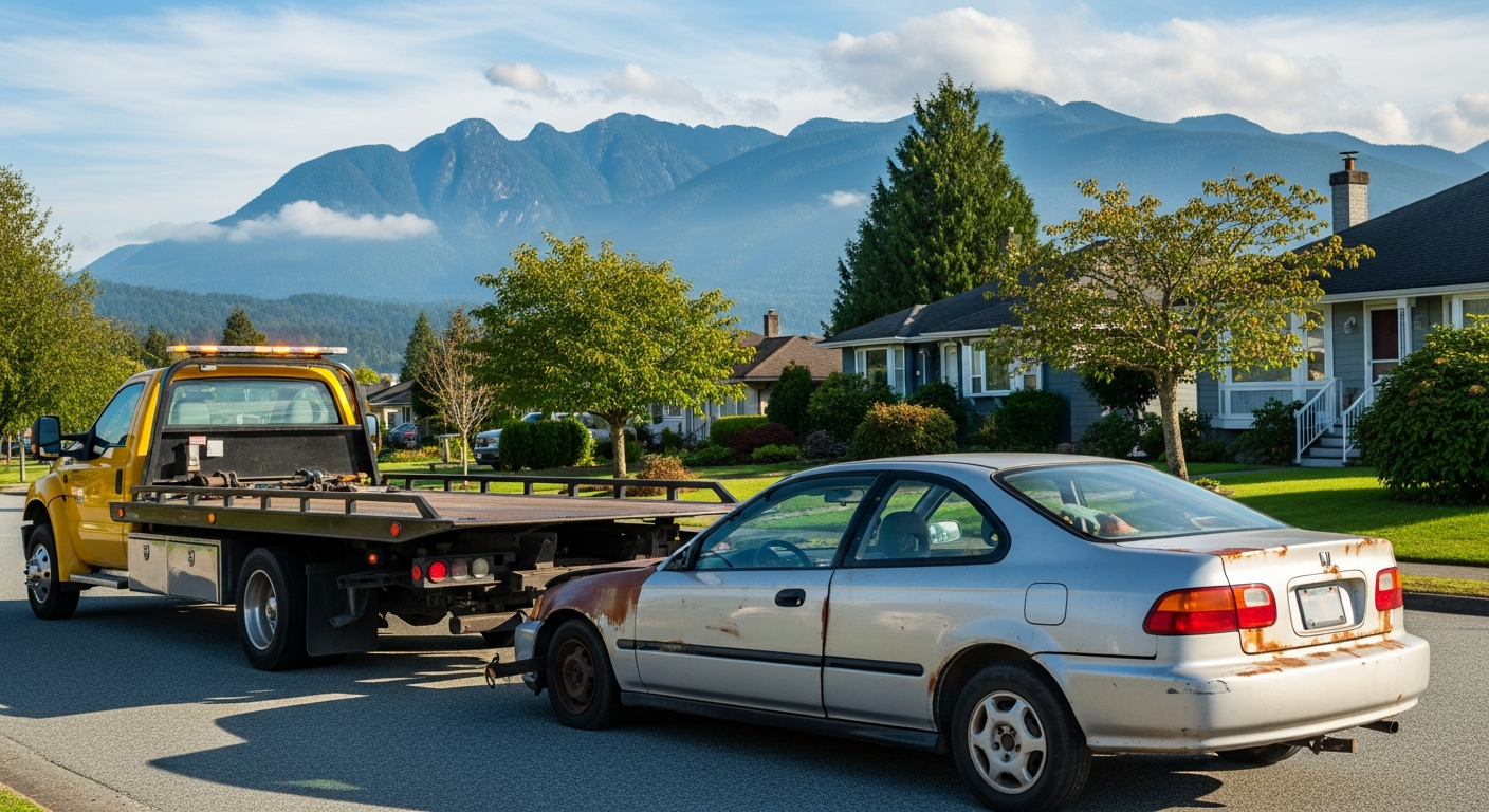 Junk car being towed from a Port Moody BC residential street with mountain backdrop and suburban homes