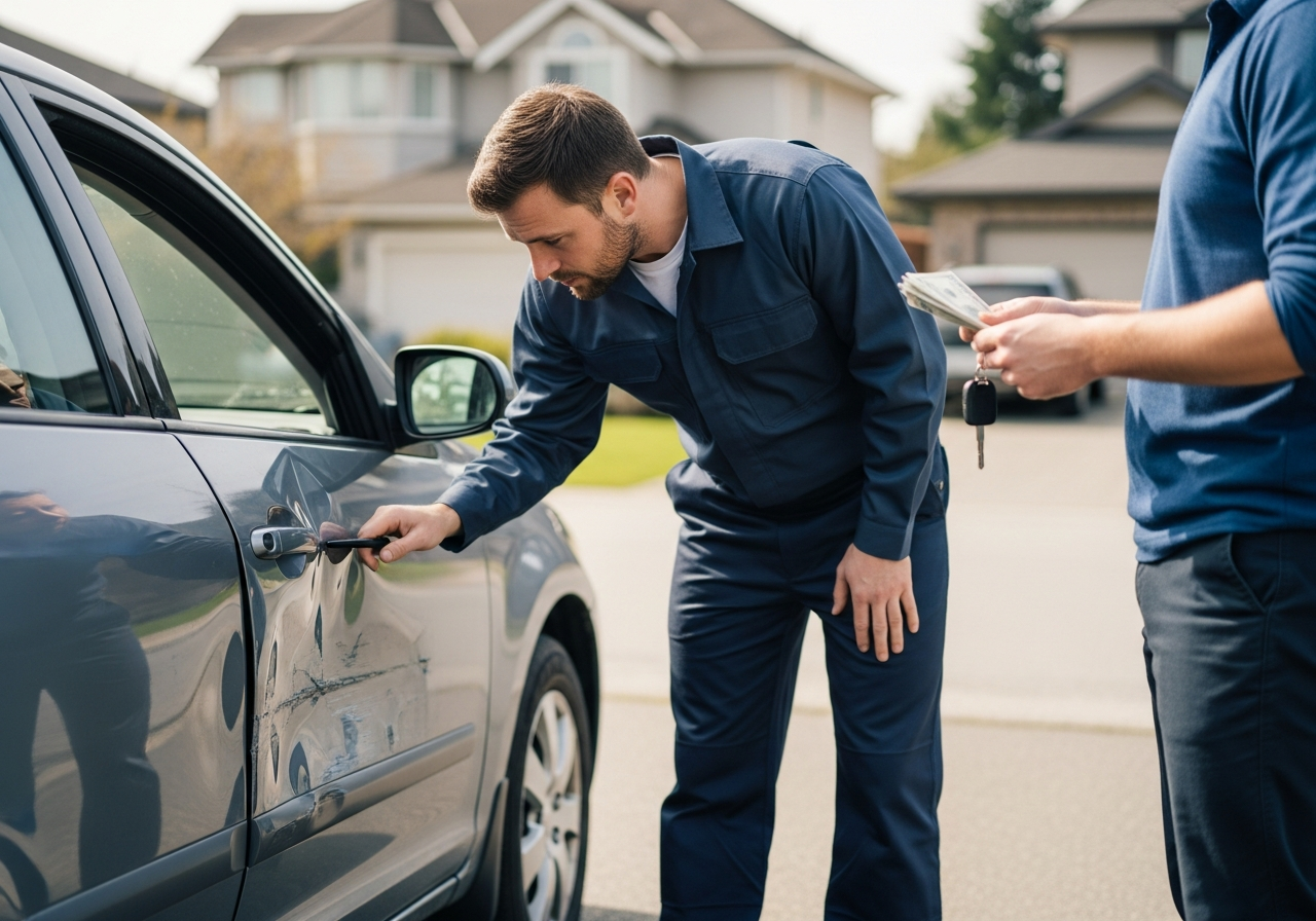selling a damaged vehicle in Richmond BC suburban neighbourhood with a professional buyer inspecting the car