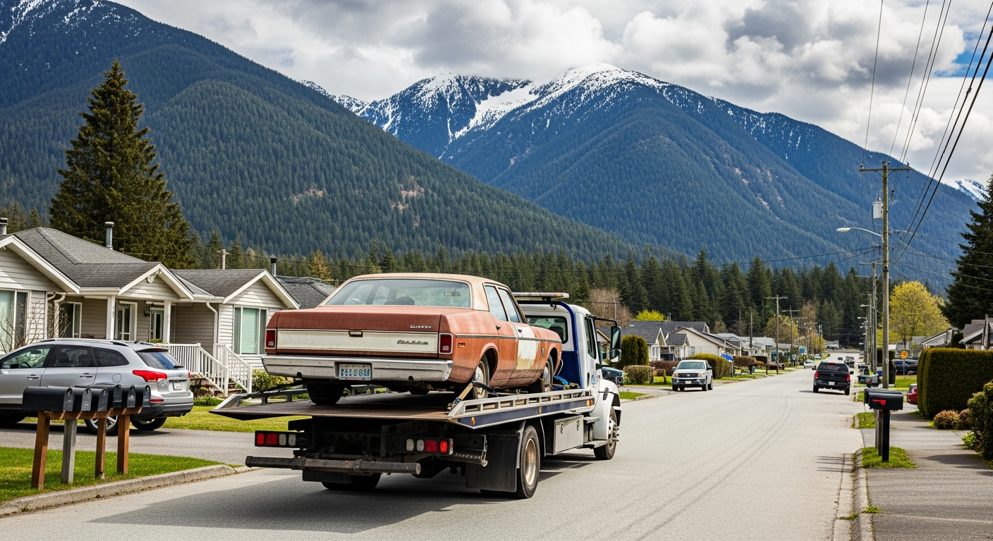Old car being towed in Squamish BC residential street with coastal mountains and forest visible