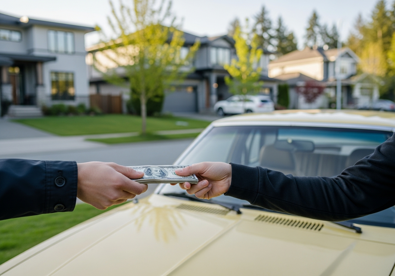 cash payment for an old car in Surrey BC with a diverse suburban Whalley neighbourhood behind the transaction
