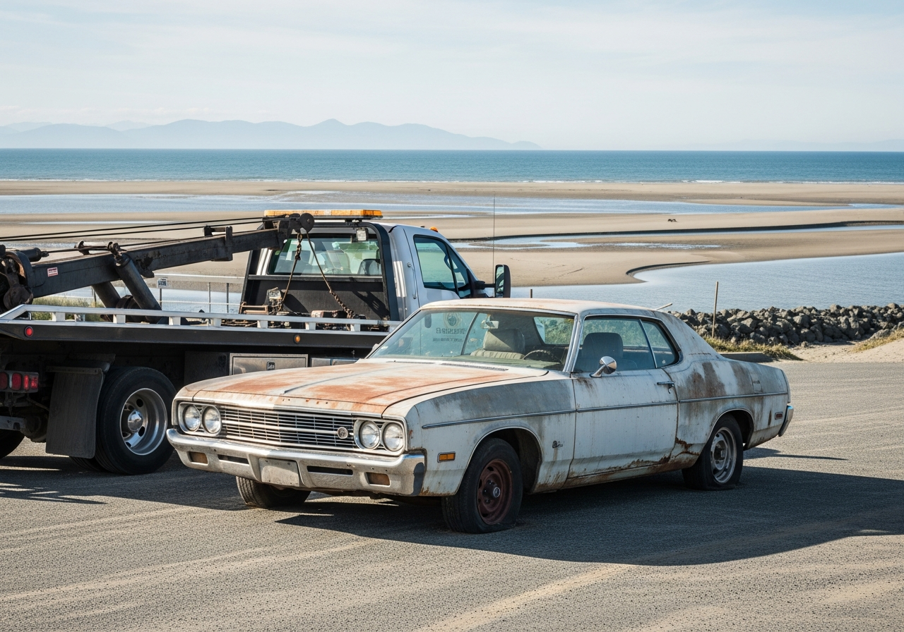 Tsawwassen BC coastal community car pickup near the ferry terminal with ocean and sandy dunes in view
