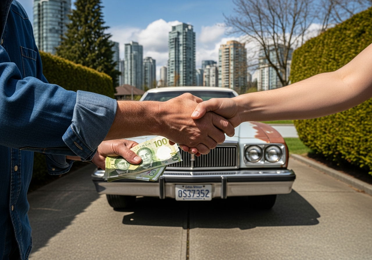 junk car removal in Vancouver BC with cash handshake in a residential driveway near downtown towers
