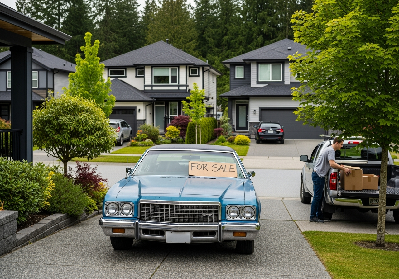 Walnut Grove Langley BC modern family suburb with old car in driveway ready for quick pickup service