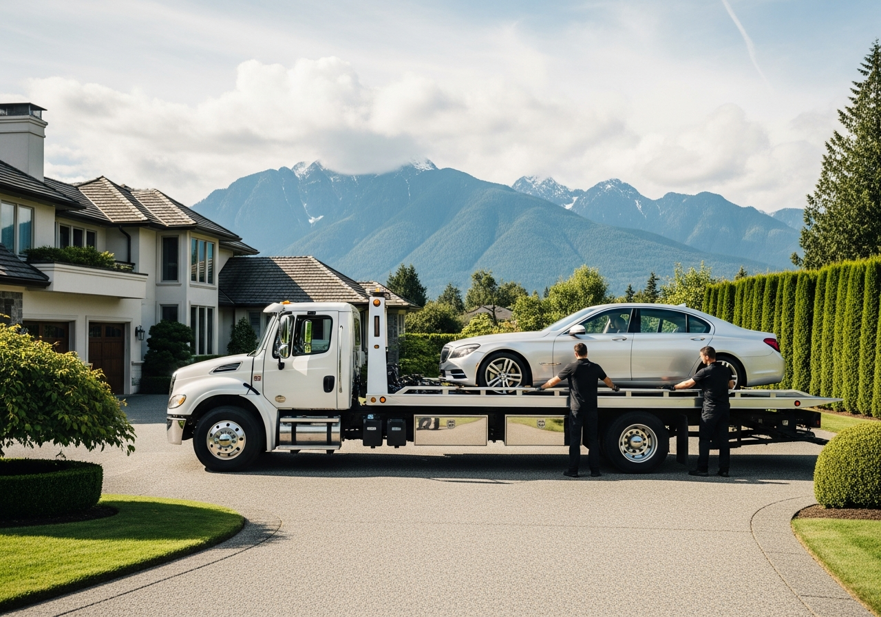 discreet professional car removal from a large West Vancouver property with BC mountains in the backdrop