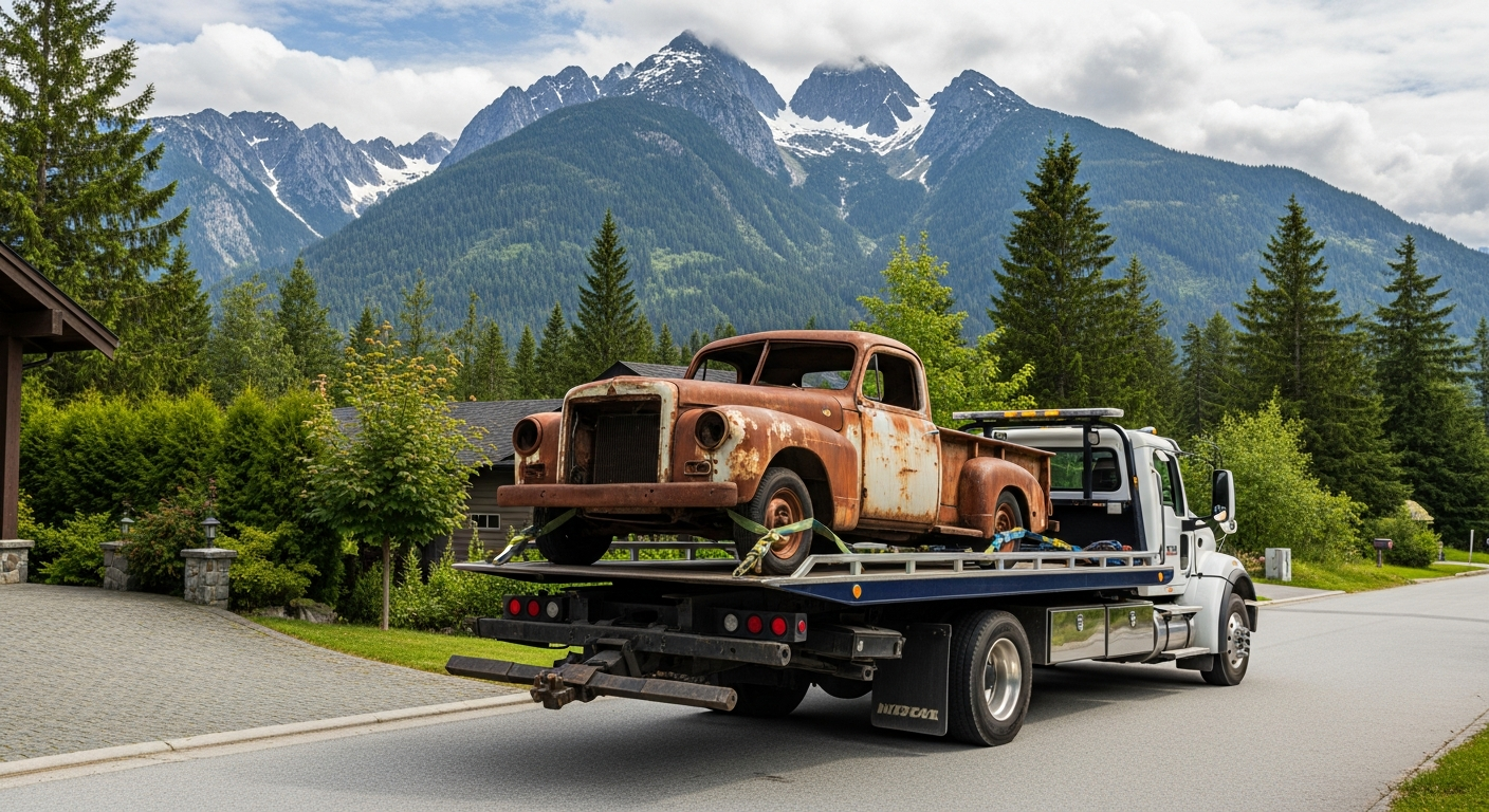 Old junk vehicle being removed from a Whistler BC property surrounded by evergreen forest and mountains