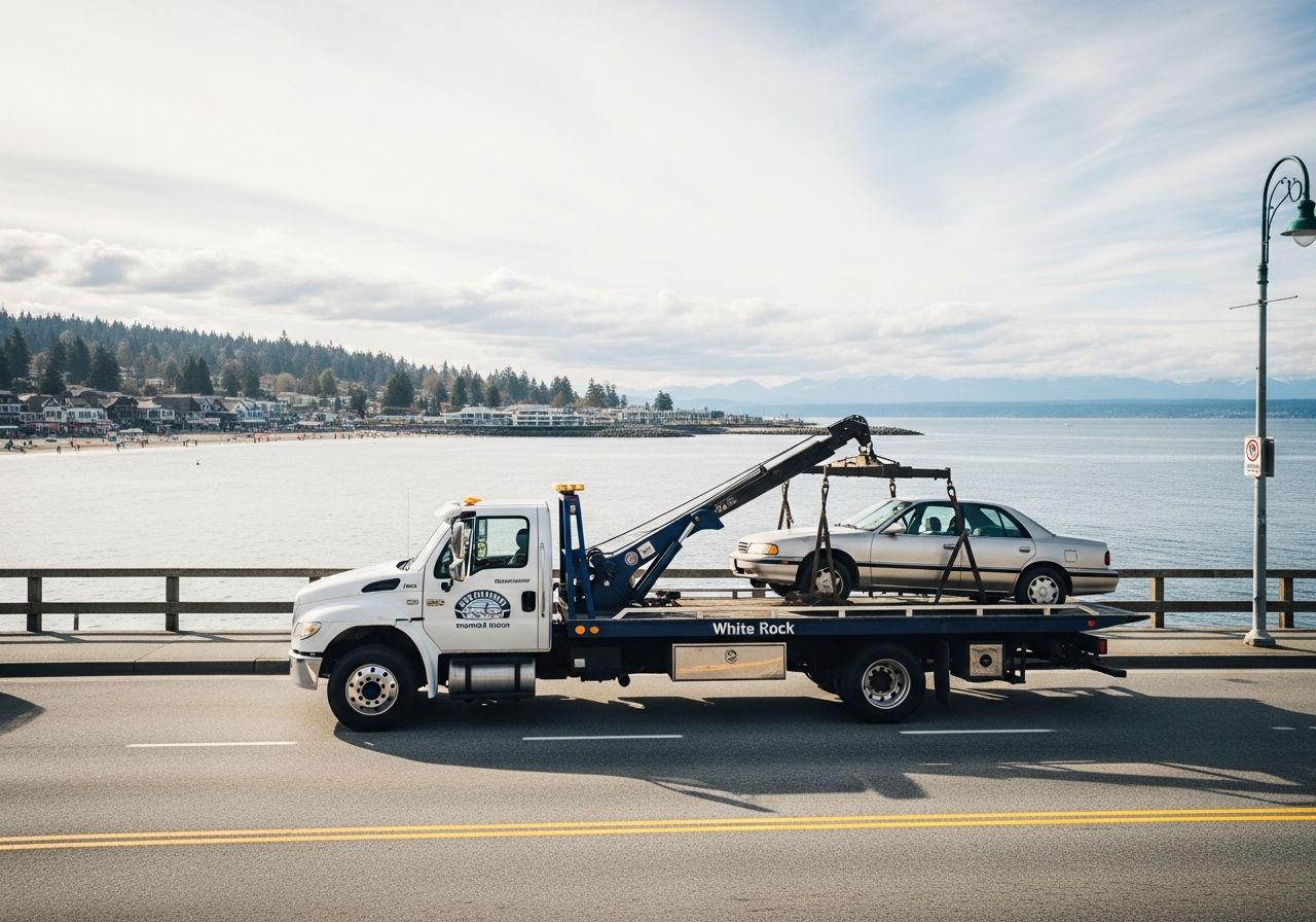 tow truck on a White Rock BC coastal road picking up a seaside community resident's old car