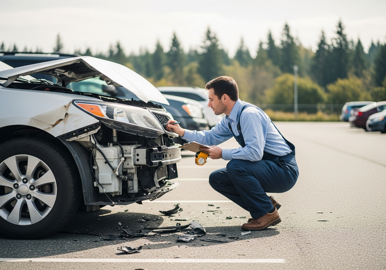 insurance adjuster inspecting a collision-damaged vehicle in a BC parking lot for a car sale assessment