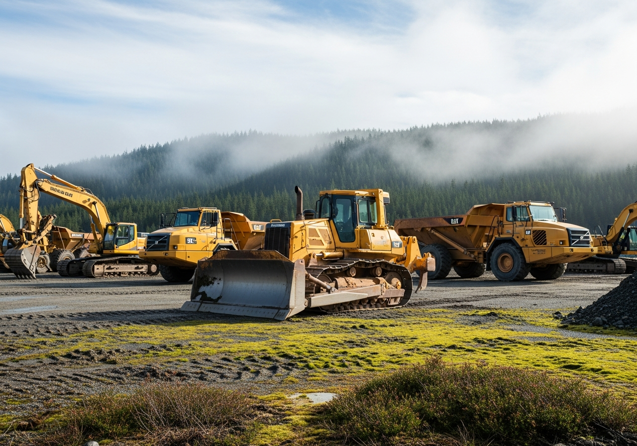 industrial equipment including a bulldozer and construction machinery at a BC site being decommissioned for removal