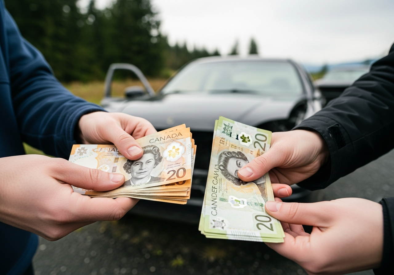 cash being counted out and handed to a seller after junk car pickup in British Columbia