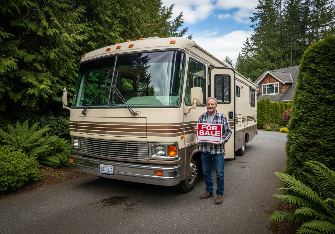older recreational vehicle motorhome parked in a BC driveway taking up space with owner ready to sell