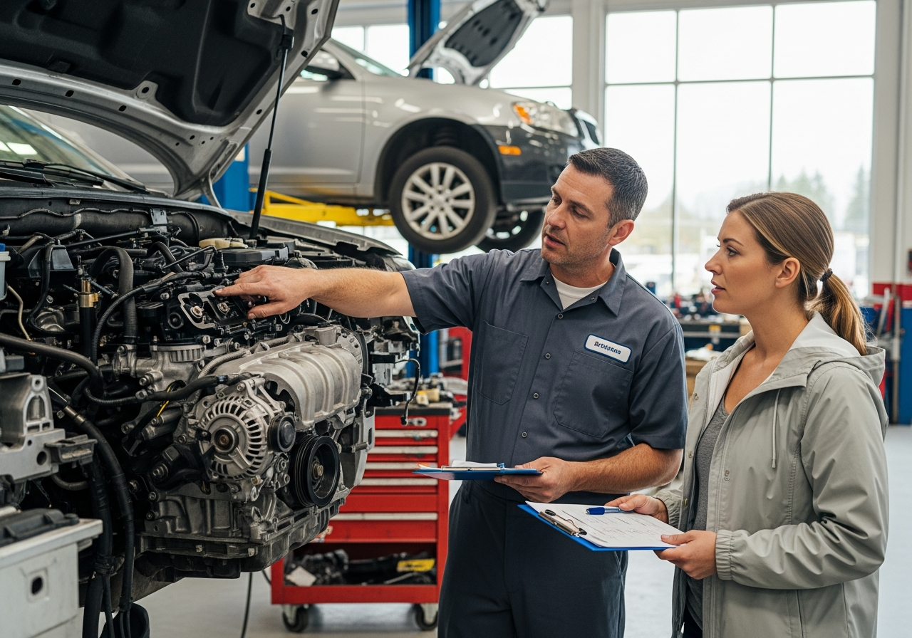 mechanic explaining to a BC car owner why a vehicle with a blown engine is not worth repairing at an auto shop