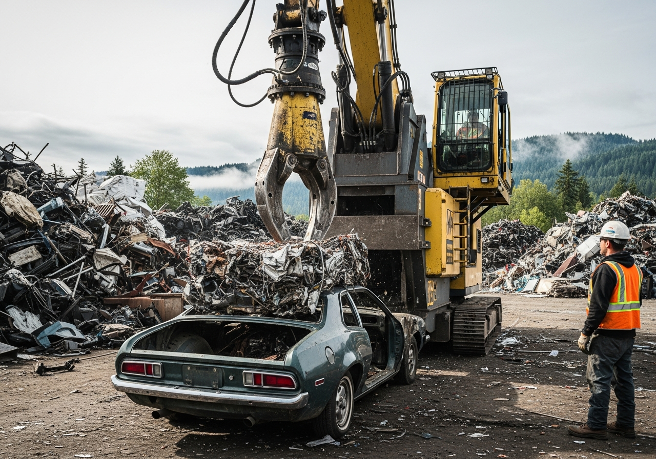 metal crusher at a BC salvage yard compacting an old car body for scrap metal recycling