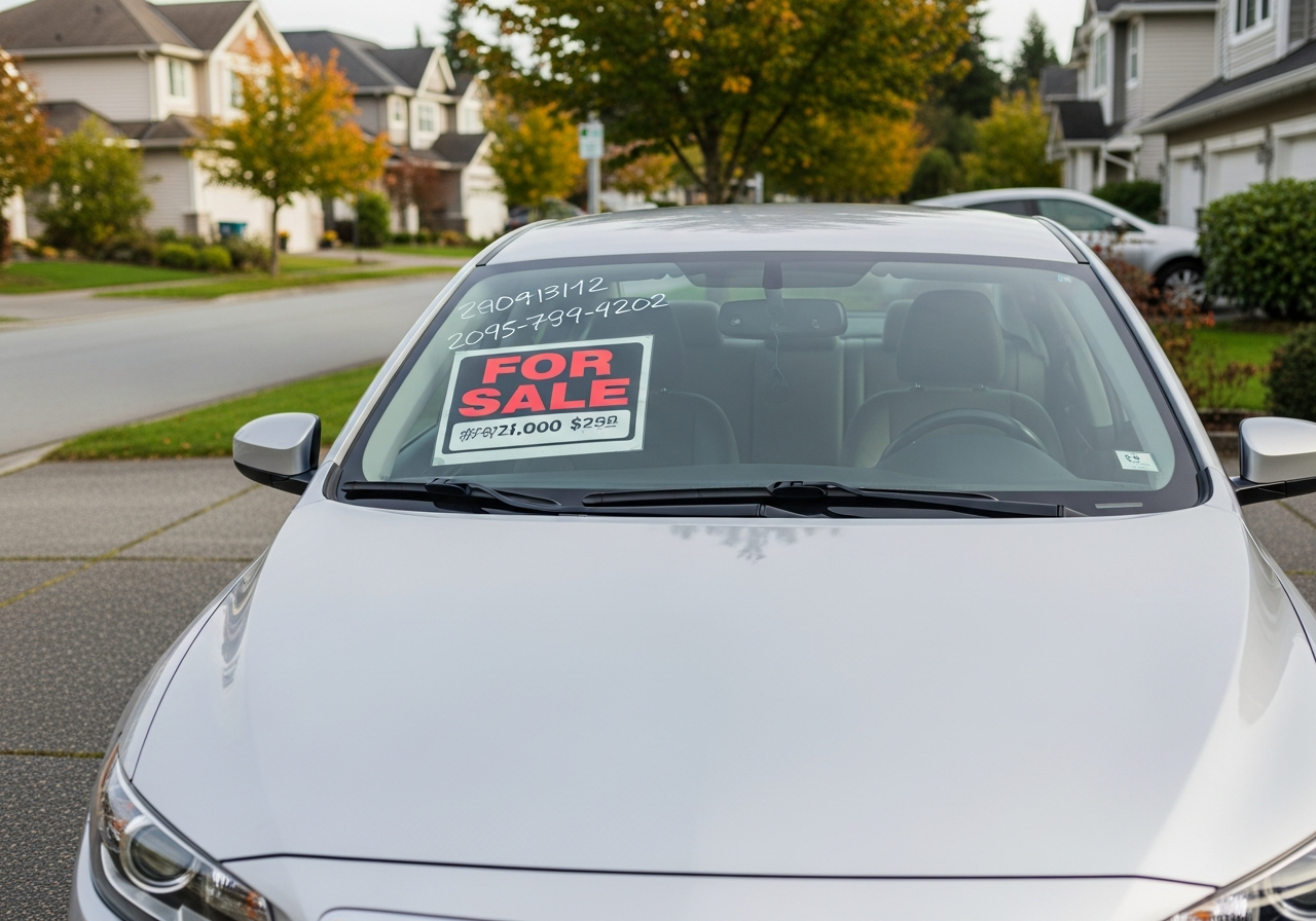 clean used sedan parked in a BC driveway for private sale with a for-sale sign on the windshield