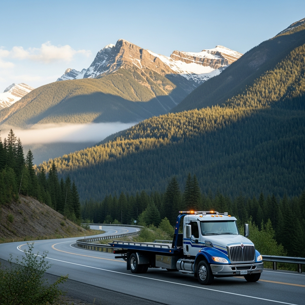 professional tow truck on a scenic British Columbia highway